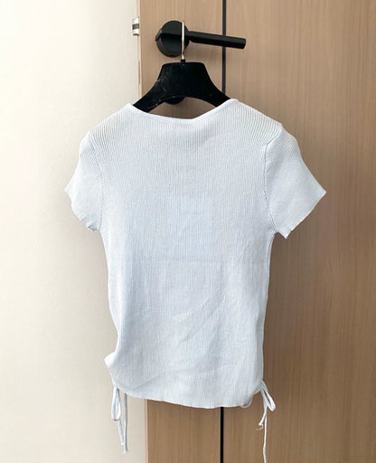 C 25 new embroidered letter drawstring U-neck short-sleeved knitted top