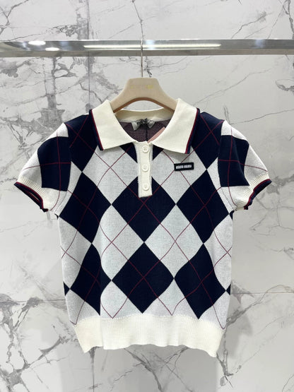 M 25 new age-reducing diamond polo collar knitted short sleeve + half-length skirt two-piece suit