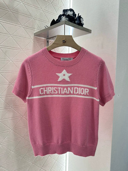 D 25 Star Knit Short Sleeve Top(Blue pink)