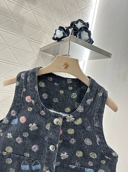 C 25 NEW Printed Colorful Denim Vest Shorts Set