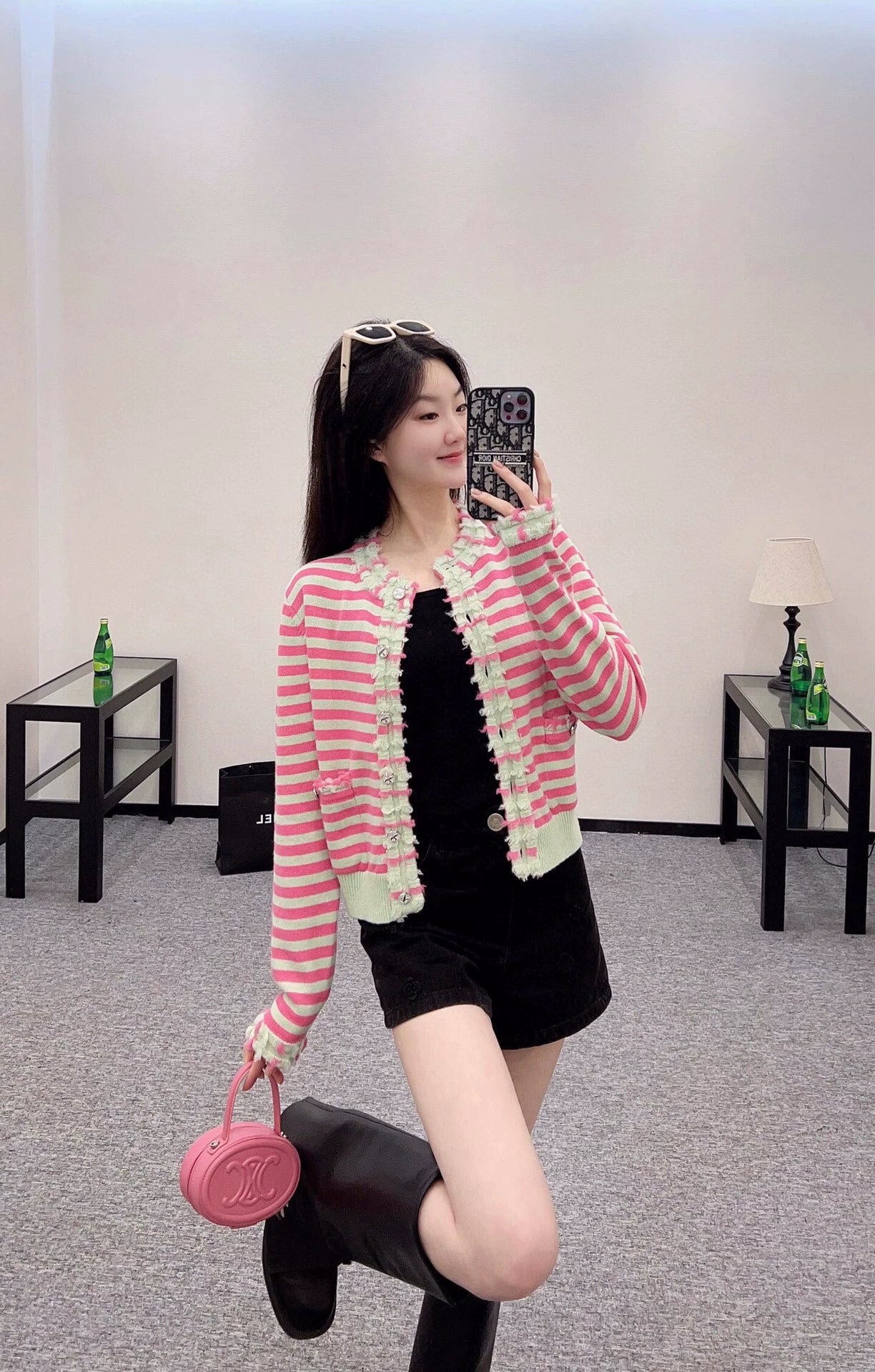 C 25 Striped Lace Knit Cardigan