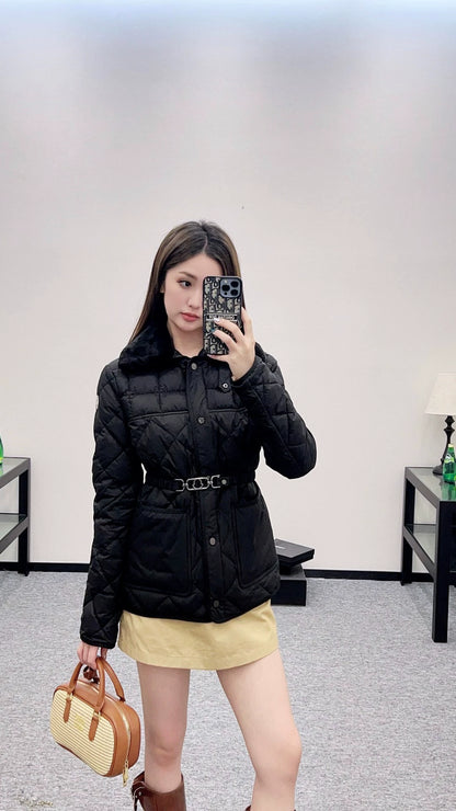 Mon 25 Down jacket with detachable belt and lapel.