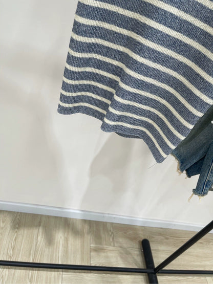 D 25Striped Linen Knit Short Sleeve Gray Blue