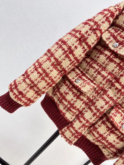 C 25 New fall/winter ski tweed plaid stand-collar down jacket