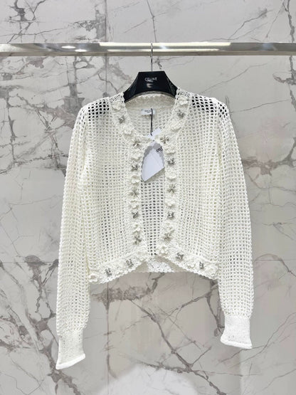 CE 25 new retro heavy-duty pearl diamond decoration lace crochet knitted cardigan