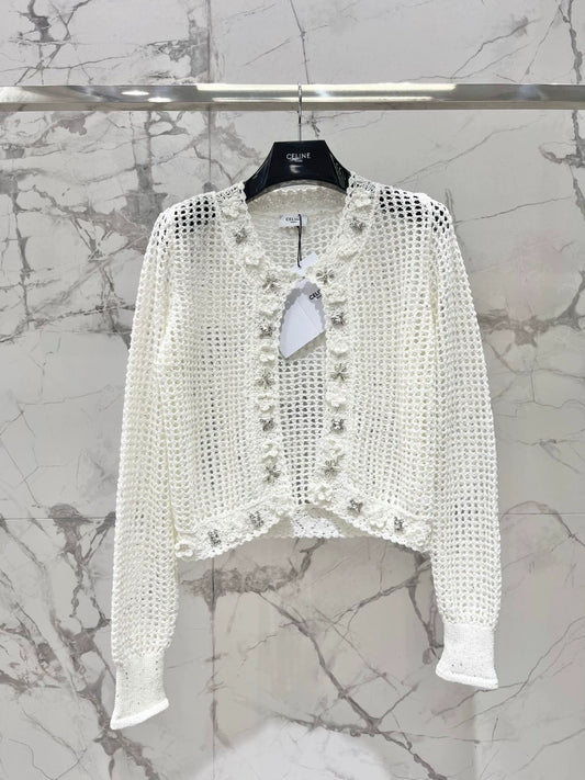 CE 25 new retro heavy-duty pearl diamond decoration lace crochet knitted cardigan