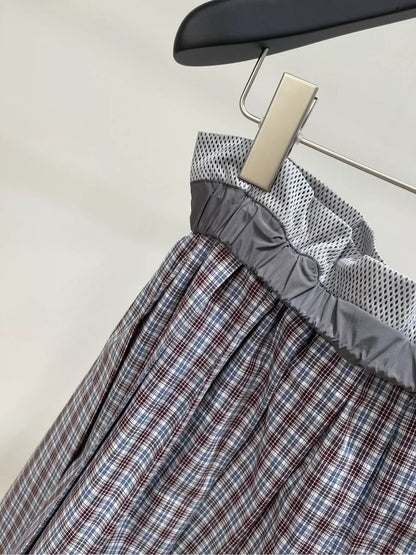 M 25 Summer new style mesh outer-turned dark red fine check mid-length skirt