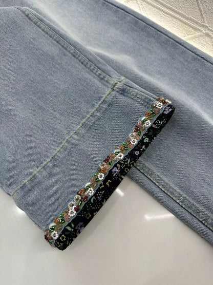 V 25 Floral Beaded Lapel Denim Pants