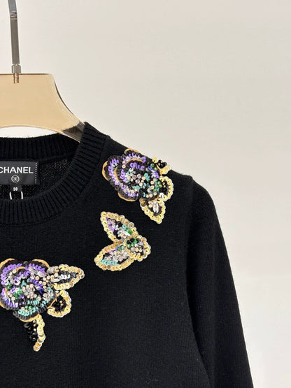C 25 Spring and Summer New Round Neck Butterfly Floral Sequin Knitted Long Sleeve
