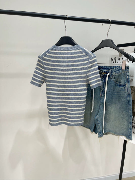 D 25Striped Linen Knit Short Sleeve Gray Blue