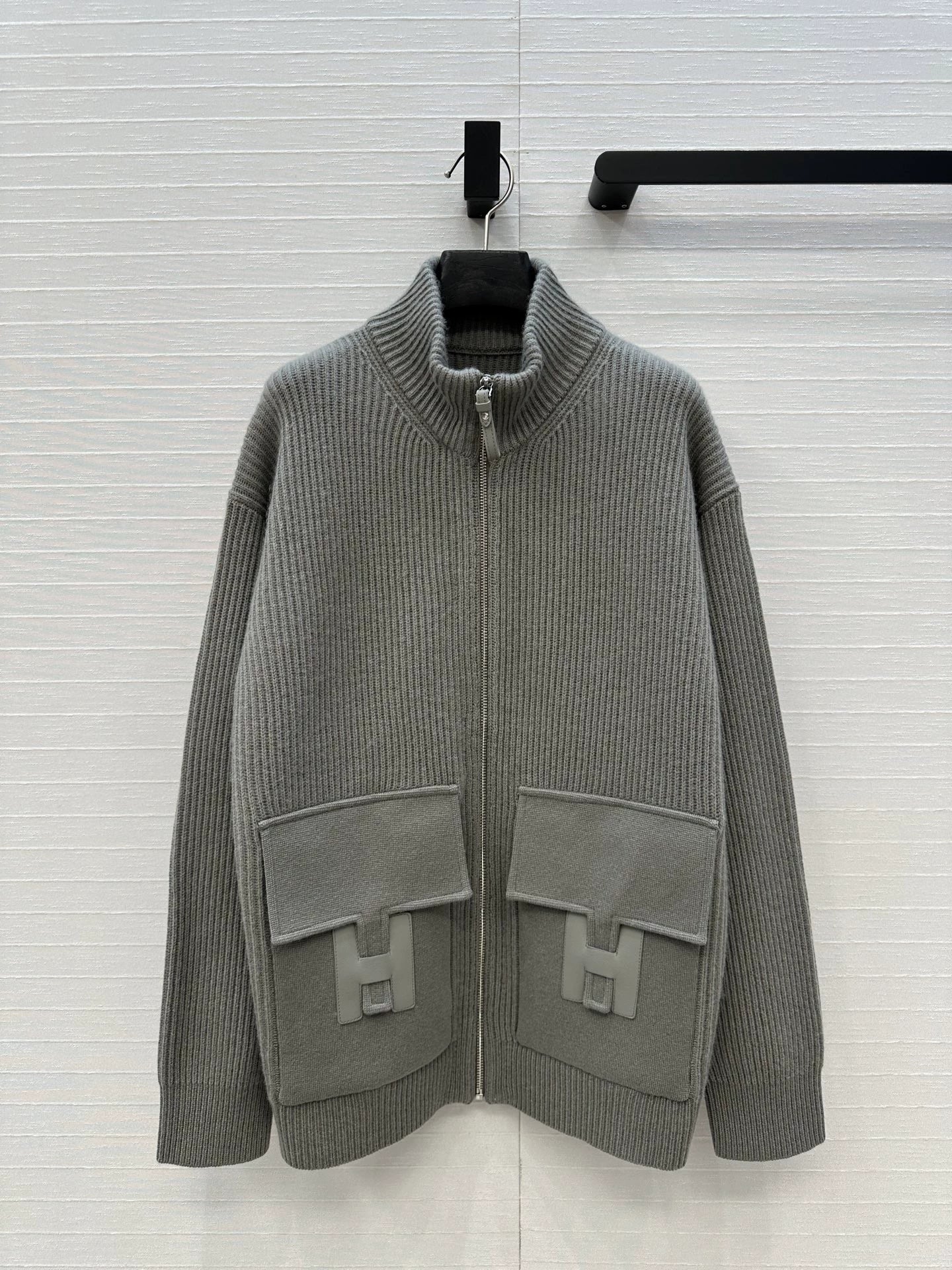 He 25 Mid-length cashmere knitted zip-up jacket(100% cashmere BROWN/GRAY)