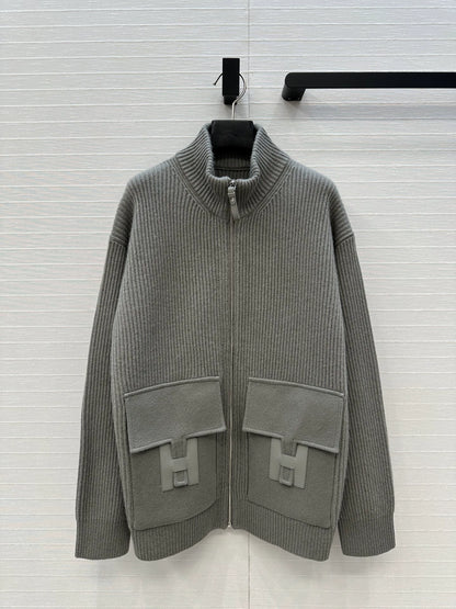 He 25 Mid-length cashmere knitted zip-up jacket(100% cashmere BROWN/GRAY)