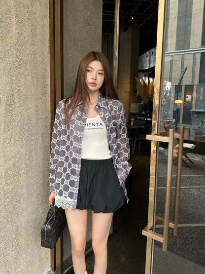 G 25 spring and summer new lace patchwork jacquard shirt（white purple）