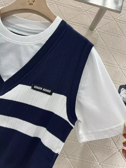 M 25 New Color Clash Fake Two Piece Top