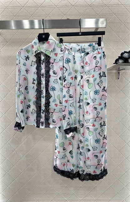 C 25 Reactive Print Lace Shirt and Pant Set