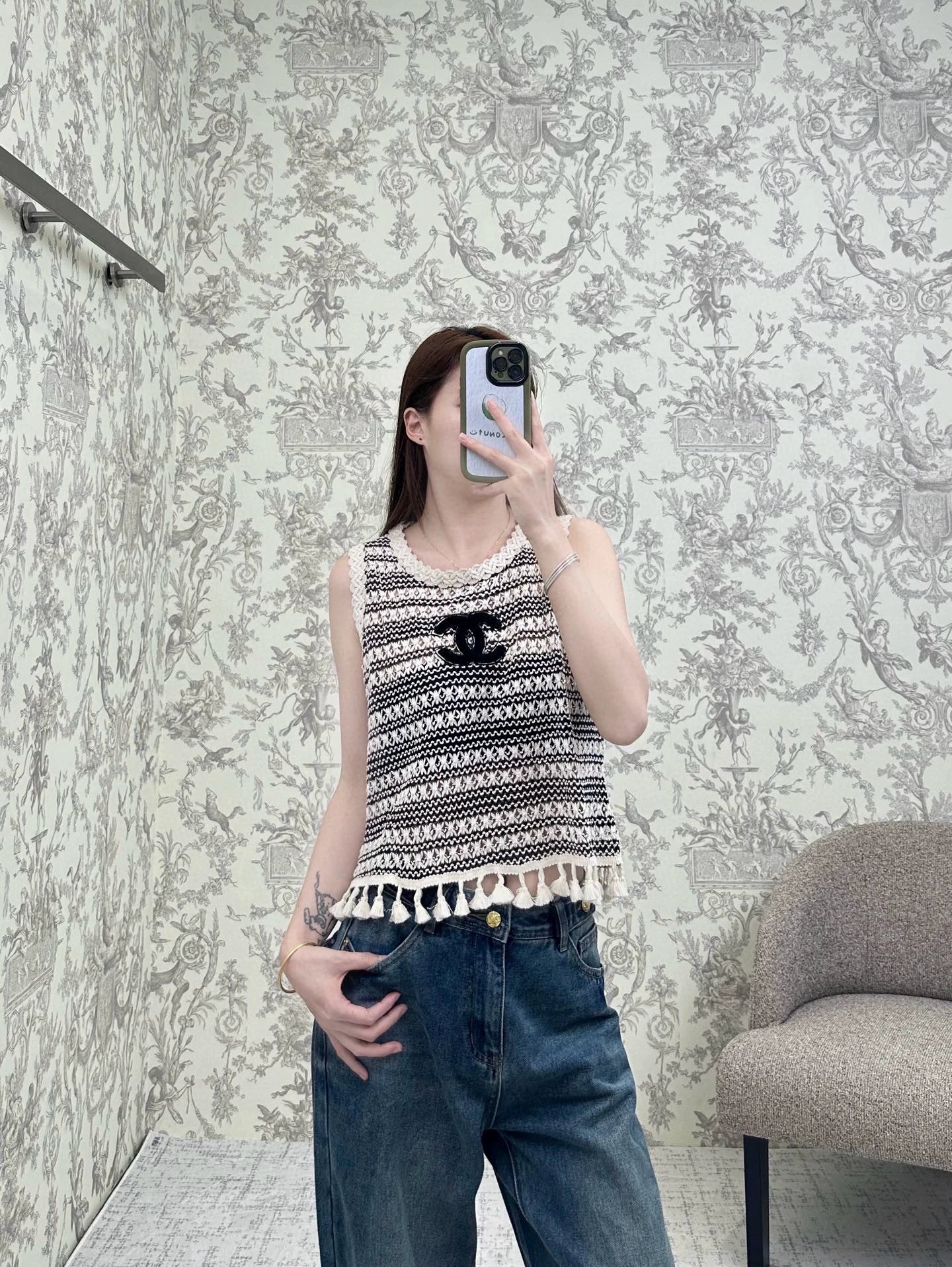 C 25 Striped Knit Tassel Lace Vest