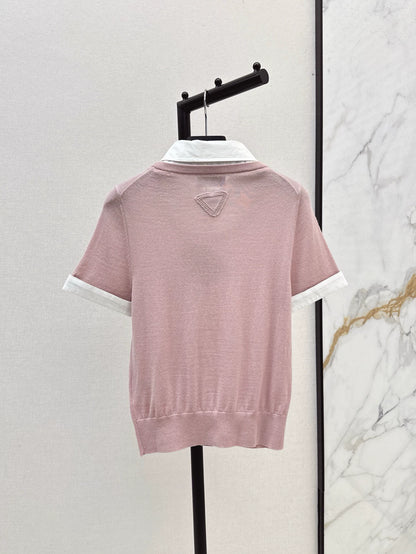p 25 spring and summer new fresh ageing style false two-piece knitted short-sleeved