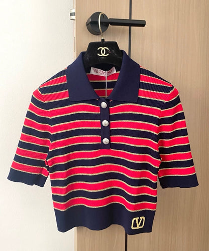 V 25 new striped embroidery button collar short sleeve knit(Red\white)