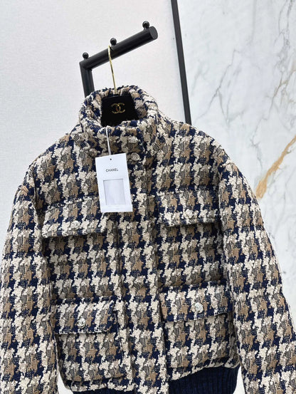 C 25 New fall/winter ski tweed plaid stand-collar down jacket