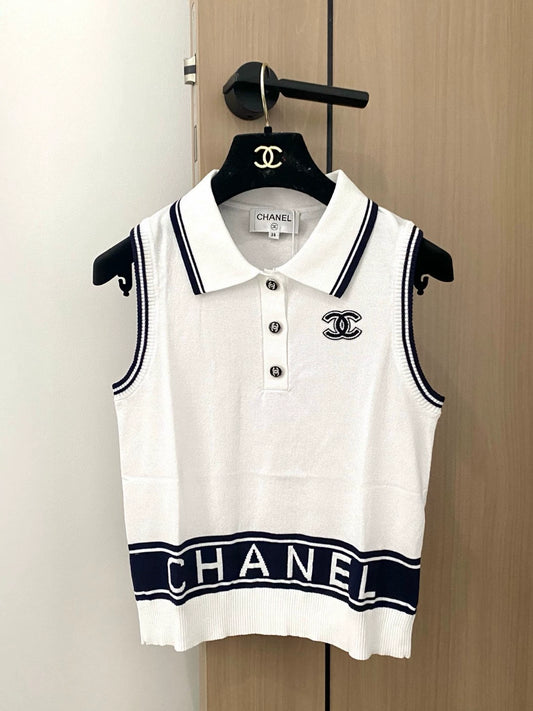 c 25 New Color Clash Letter Stripe Button Down Collar Sleeveless Knit Tank Top