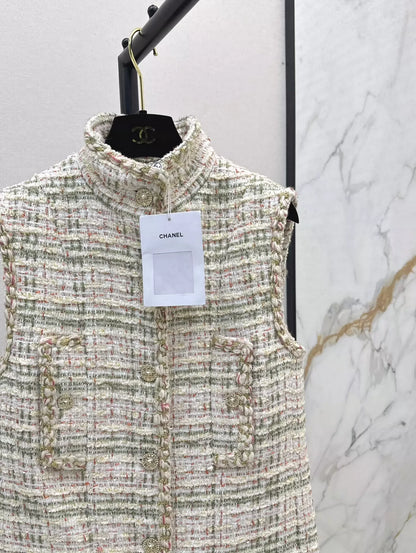 C 25fw Woven long tweed vest dress