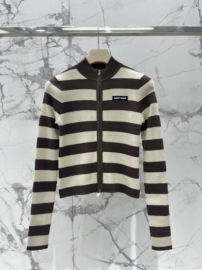 M 25 new logo contrast stripe zipper long sleeve knitted cardigan