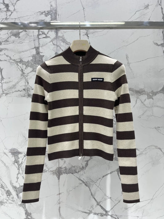 M 25 new logo contrast stripe zipper long sleeve knitted cardigan