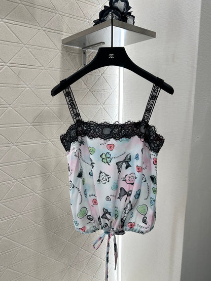 C 25 Reactive Print Lace Tank Top and Shorts Set