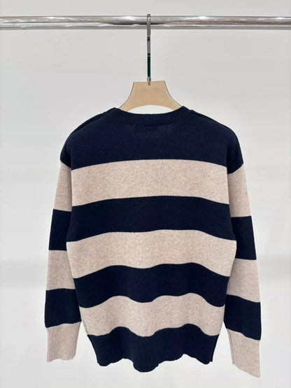 M 25 Spring and Summer new round neck letter logo patch striped color matching casual knitted long sleeve
