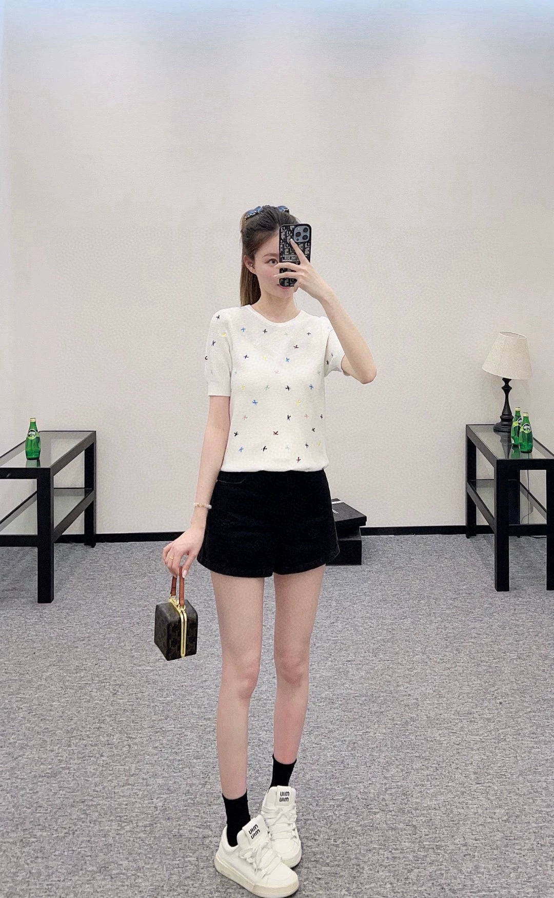 C 25 Embroidered Colorful Swallow Knit Short Sleeve Top