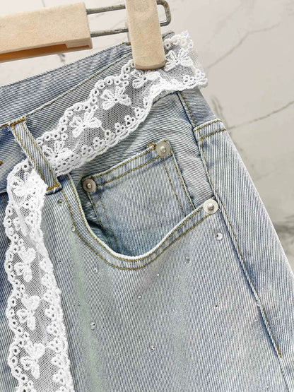 M 25 spring and summer new thin lace hot diamond straight jeans