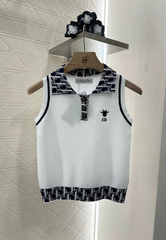D 25 new lapel jacquard knit tank top(white yellow navy)