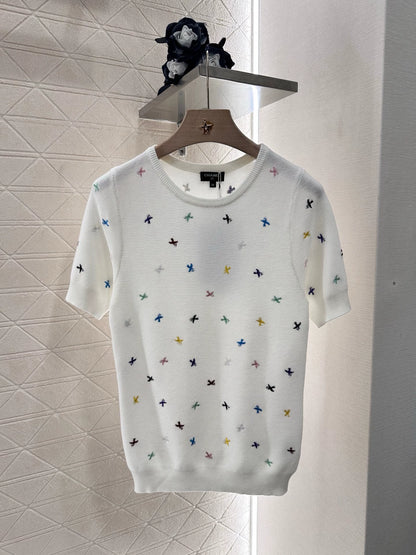 C 25 Embroidered Colorful Swallow Knit Short Sleeve Top