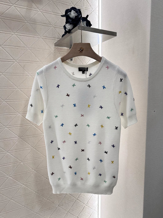 C 25 Embroidered Colorful Swallow Knit Short Sleeve Top