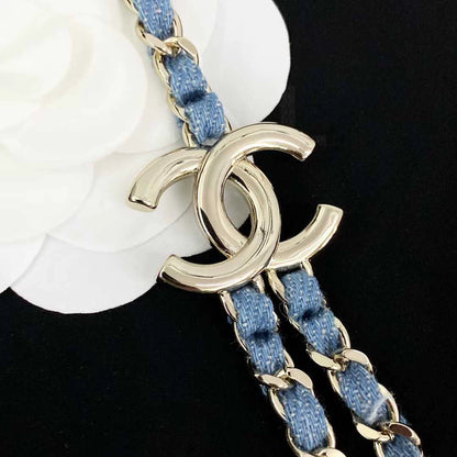 25 new leather chain denim blue double necklace