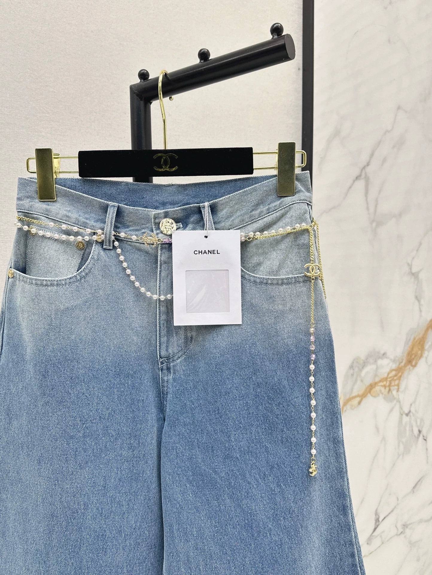 C 25 new pearl waist chain decoration wide leg jeans