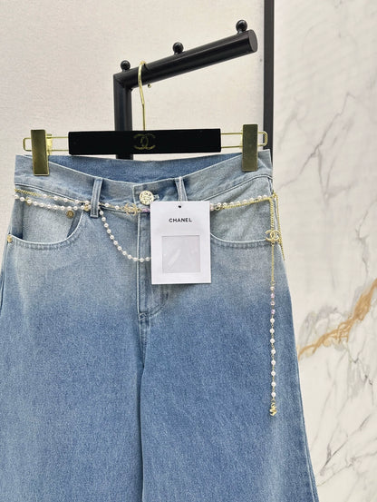 C 25 new pearl waist chain decoration wide leg jeans