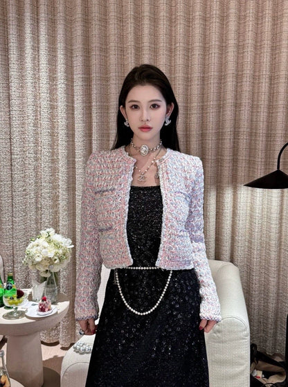 C 25 Macaron color matching woven three-dimensional cardigan
