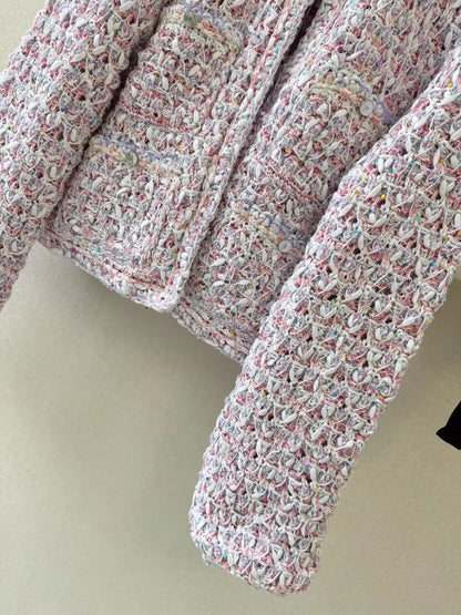 C 25 Macaron color matching woven three-dimensional cardigan
