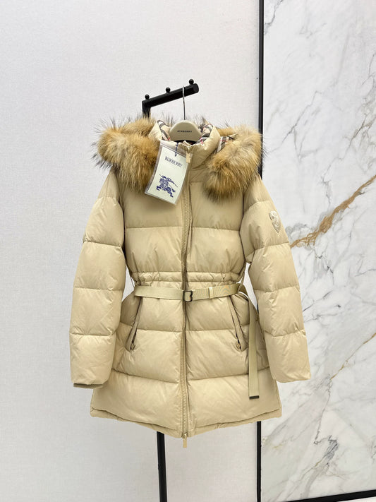 Bru 25 Waist waistband long down jacket ，raccoon fur collar(BLACK/WHITE/KHAKI)