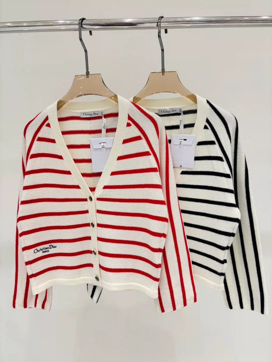 D 25 Spring and Summer new V-neck letter logo embroidery stripes contrast color casual knitted cardigan