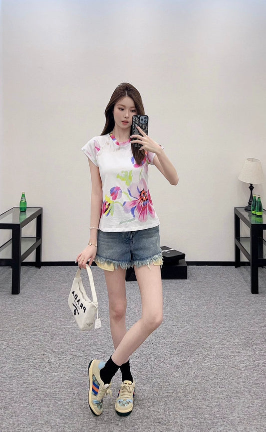 LO 25 New Swoosh Floral Print Round Neck Short Sleeve T-Shirt