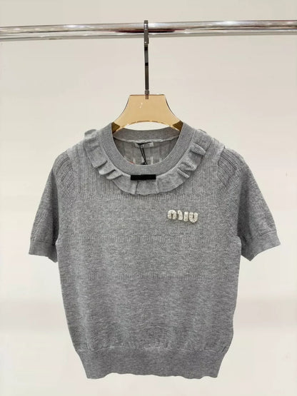 M 25 Early spring new round neck letter logo inlaid diamond ruffles decorative casual knitted short sleeves