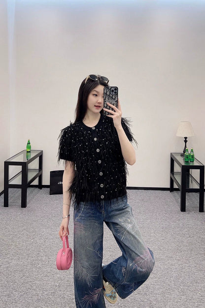C 25 Rhinestone Feather Knit Cardigan(Black white)