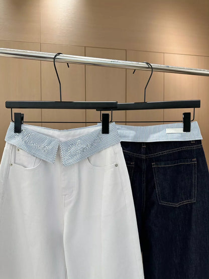 C 25 Cuffed rhinestone lettered denim straight-leg pants