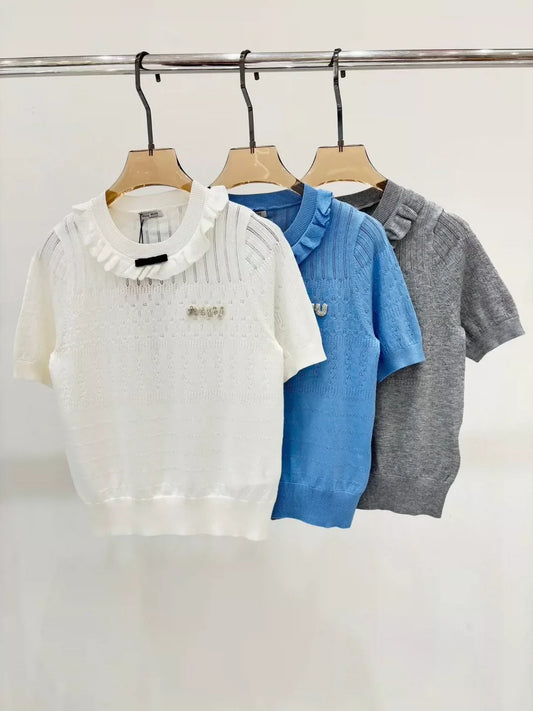 M 25 Early spring new round neck letter logo inlaid diamond ruffles decorative casual knitted short sleeves