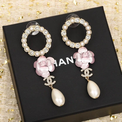25 Summer new camellia pearl tassel versatile earrings
