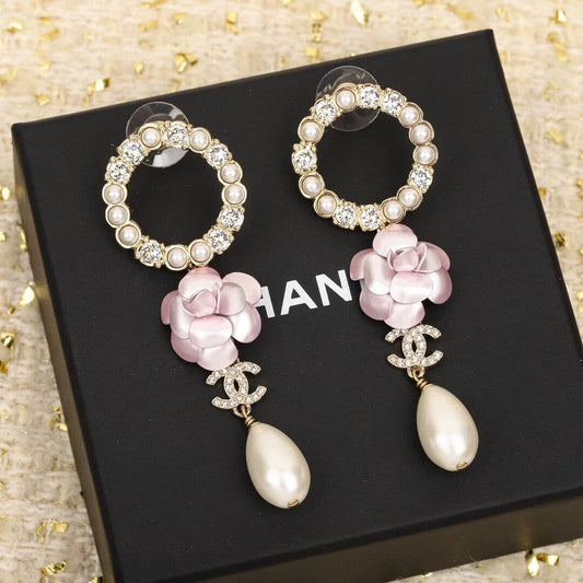 25 Summer new camellia pearl tassel versatile earrings