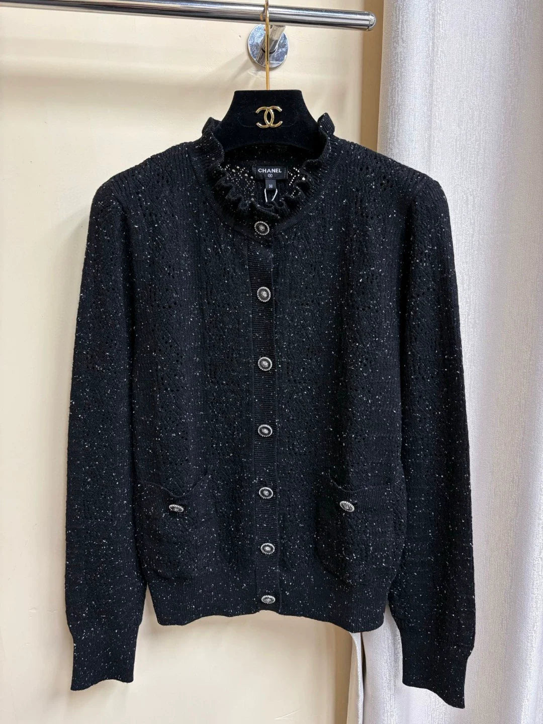 C 2025 Summer New Hollow Pocket Single-Breasted Ruffled Stand Collar Long-Sleeved Knitted Cardigan