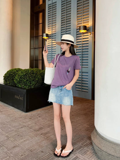 C 25 New Handmade Beaded Dance Cotton Round Neck Short Sleeve T-Shirt